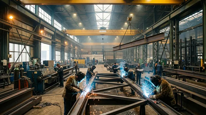 Equipe fabricando estruturas metálicas em galpão industrial